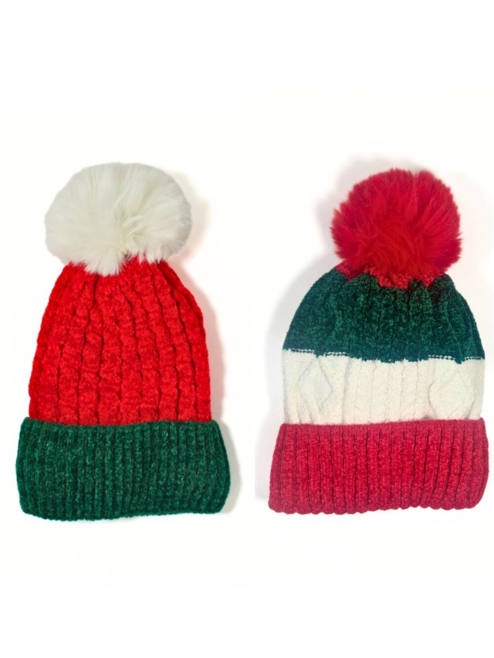 2-Piece Set Festive Christmas Cable Knit Beanie with Faux Fur Pom Pom One Size